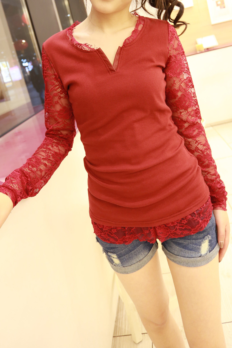 A 4401 lace long-sleeve patchwork leather placketing lace slim thread basic shirt