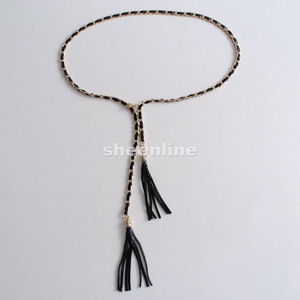 A  fashion genuine leather decorative pattern metal knitted double slider tassel adjustable female waist decoration belly
