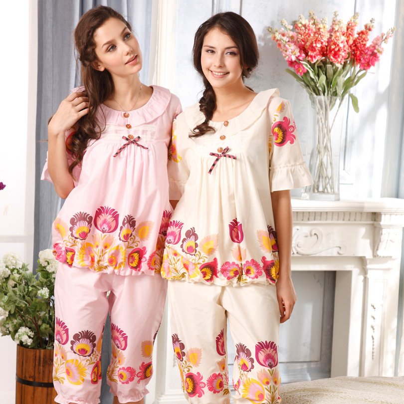 A free shipping 2012 summer vanilla women's short-sleeve woven pure cotton sleep set