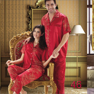 A free shipping Married sleepwear lovers 2012 spring silk lovers sleepwear sexy silk Red twinset sleepwear