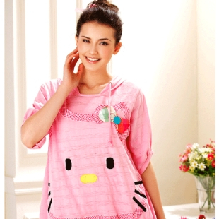 A free shipping Top 10 lounge summer women's with a hood cartoon knitted cotton 100% cotton sleepwear set nightgown hot