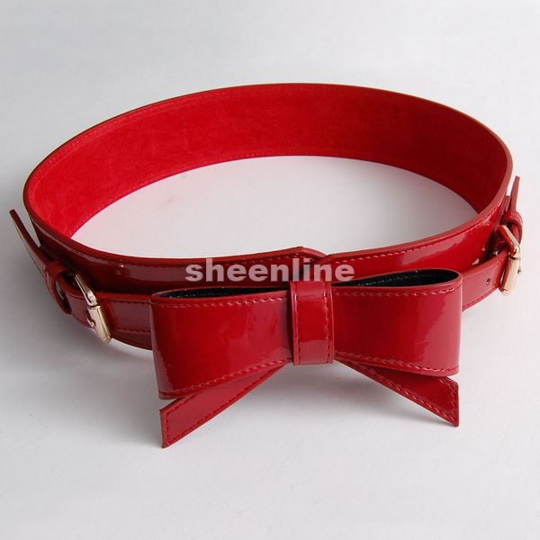 A Freeshipping Sheenline fashion red blue black japanned leather genuine leather bow belt female elegant wide cummerbund belt