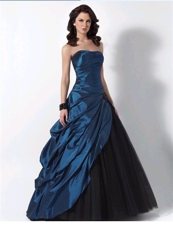 A-line Blue Ruffled Taffeta Black Tulle Prom Dress Floor Length Prom Gown Strapless Affordable Quinceanera Dress P231