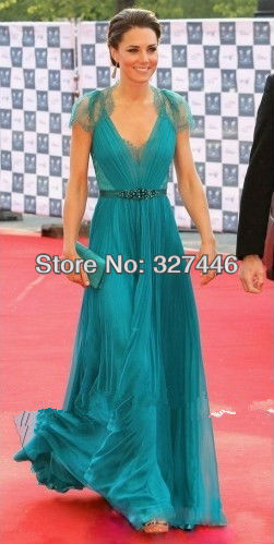 A-Line Floor-length Chiffon Lace Beads Kate Middleton in London Olympic Gala Custom-Made Prom Celebrity Gown Evening Dresses