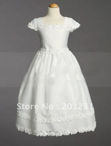 A-line satin Applique off the shoulder flower girl dress with  bowknot zippered back