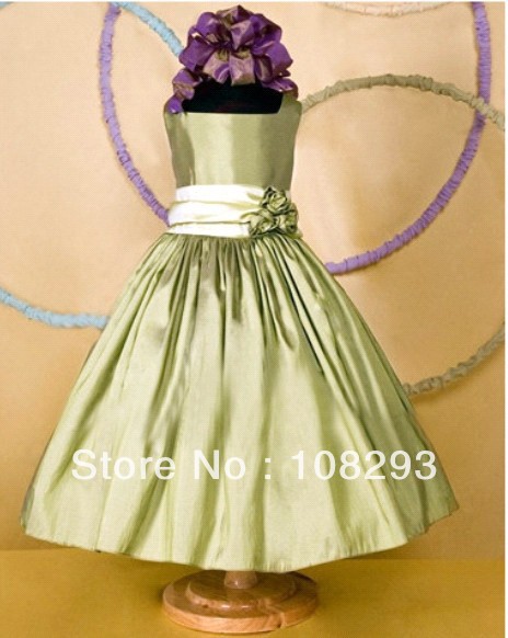 A-Line Square Brought Sash Moss Green Handmade Flower wedding flower girl gowns
