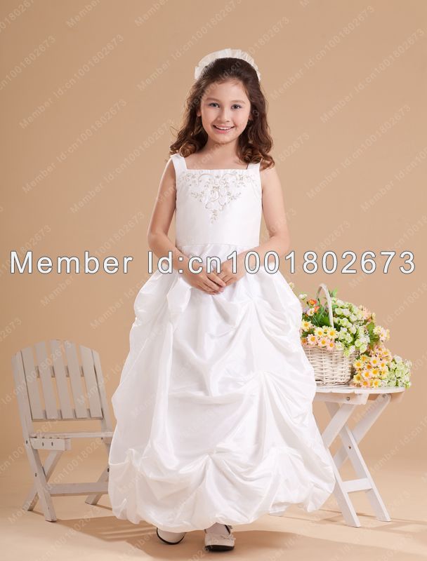 A-Line Straps Square Embroidery Pick Up Skirt Ankle-Length Flower Girls Dresses Little Girls Gowns For Pageant Wedding