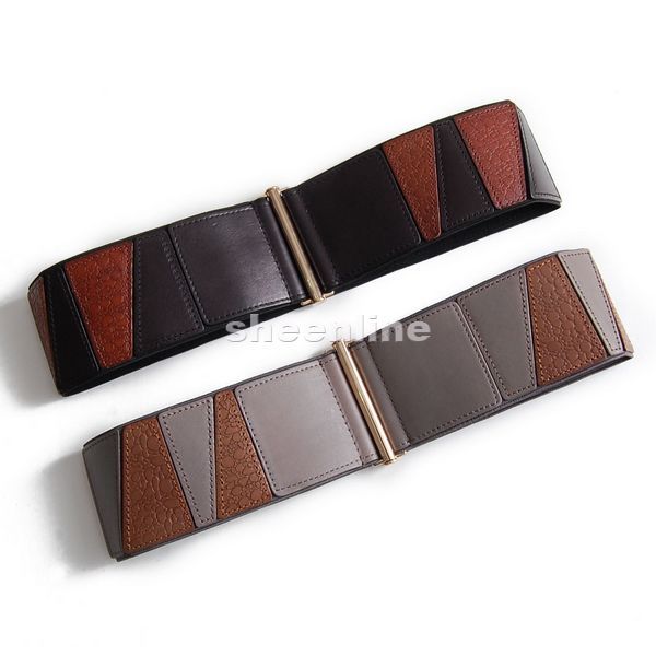 A Sheenline fashion black gray color block decoration elegant first layer of cowhide women's genuine leather elastic waist belt