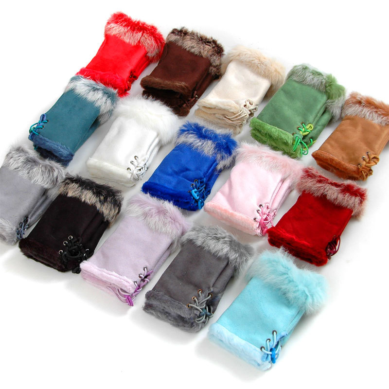 A029 rabbit fur semi-finger female leather gloves winter mittens Women thermal