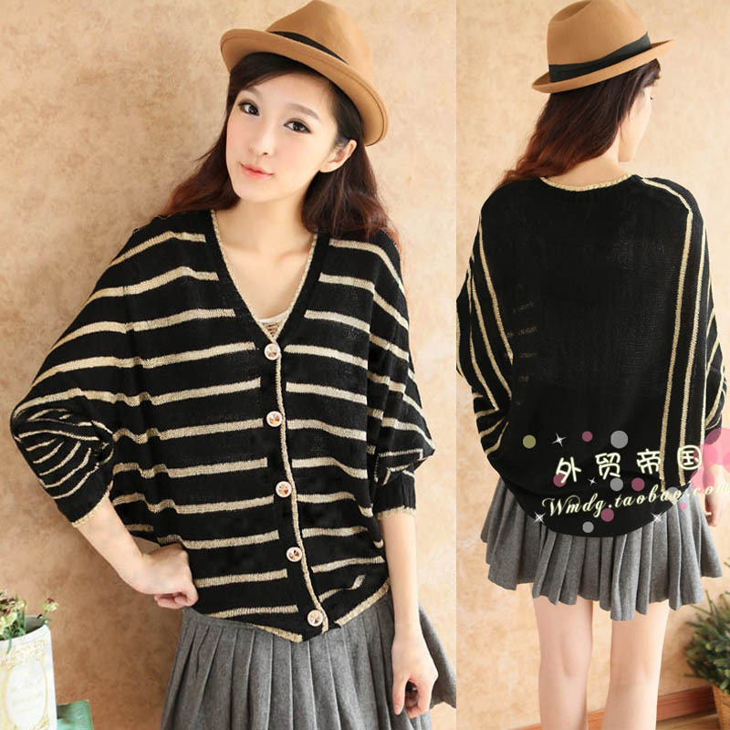 A031-042 female 2012 vintage batwing sleeve loose thin stripe cardigan