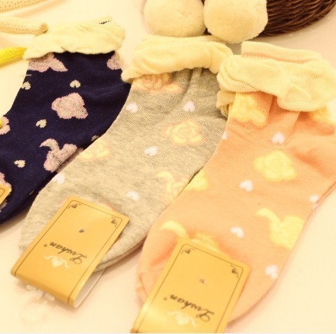 A068 socks lace decoration bubble flower women's 100% cotton short sock slippers