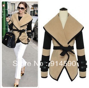 A073 2012 fashion woolen color block decoration trench outerwear woolen overcoat