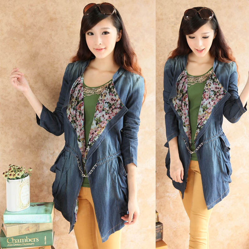 A102-158 female 2012 xinda pocket metal belly chain slim outerwear turn-down collar denim trench