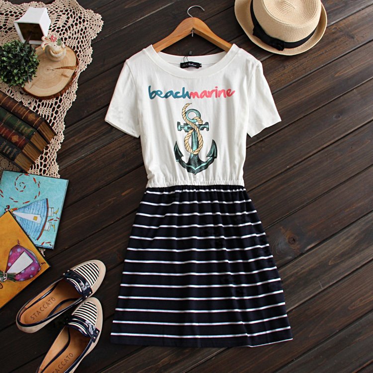 A2-1 summer 2012 gentlewomen navy anchor stripe short-sleeve slim waist one-piece dress