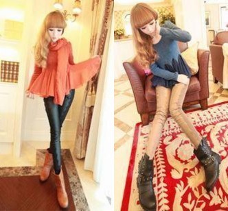 A203 all-match eyelash lace patchwork leather pants legging