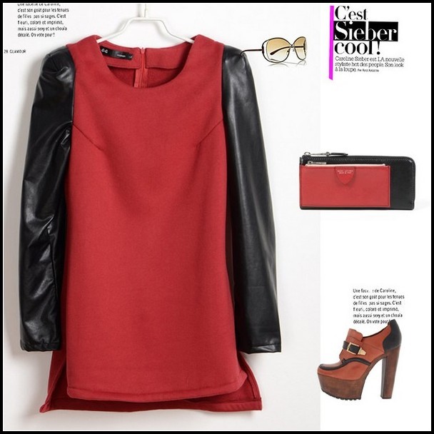 A2306 2012 leather sleeves basic polar fleece fabric one-piece dress vintage 3 2