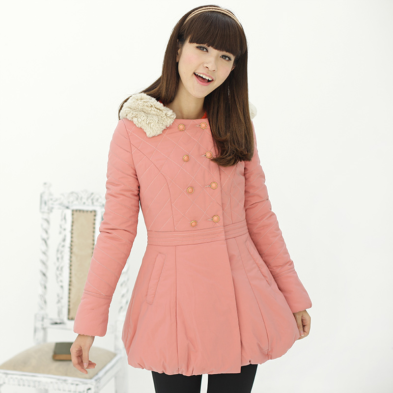 A23477 winter new arrival sweet slim waist hooded fur collar medium-long wadded jacket