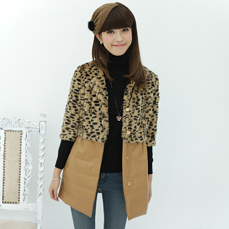 A23482 winter new arrival trend leopard print fur patchwork medium-long wadded jacket