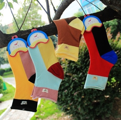 A238 socks candy color block decoration roll-up hem bear women's 100% cotton pile socks sock
