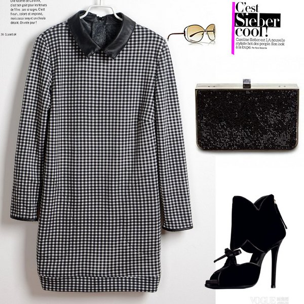 A2404 2012 thickening vintage leather collar plus velvet plaid one-piece dress 2