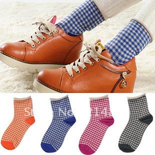 A290 socks roll-up hem plaid stripe women's cotton socks