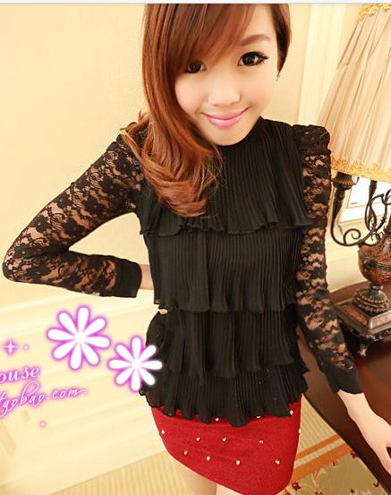 A302 2013 spring turtleneck lace sleeve layers of cake shirt lace shirt