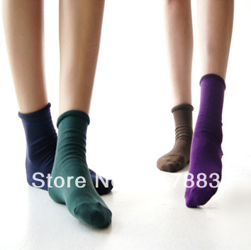 A309 candy solid color roll-up hem autumn and winter 100% women's cotton socks/hot sale fashion casual socks,FREE SHIPPING