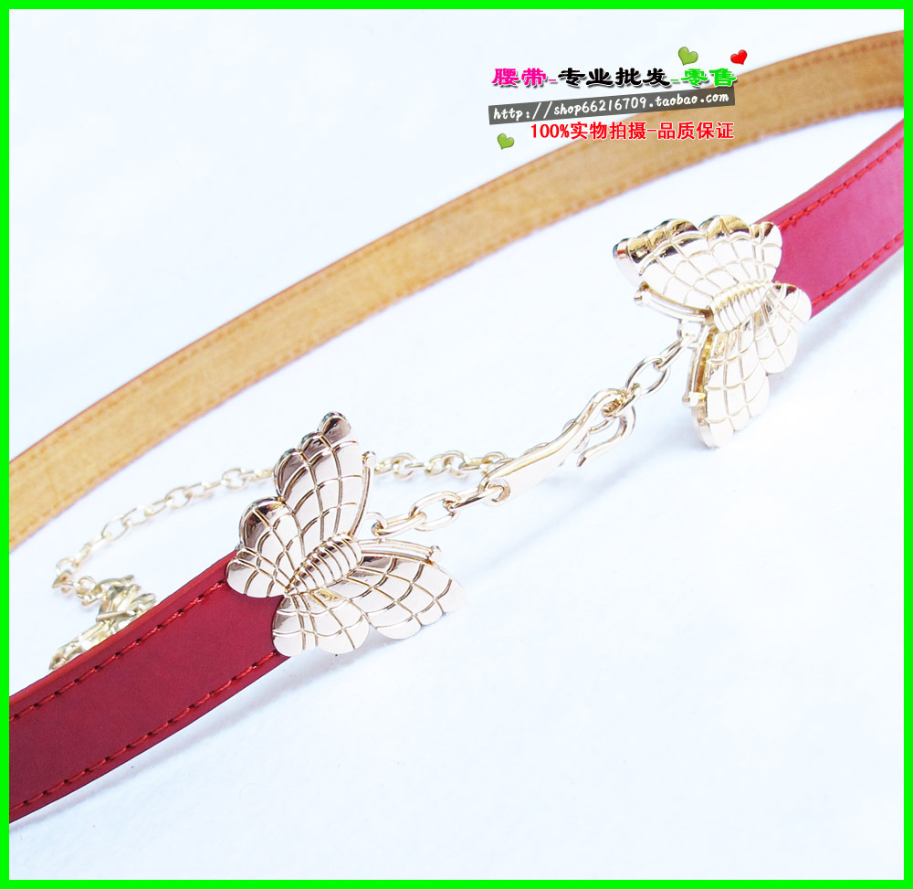 A47 women's gold double butterfly genuine leather strap high quality japanned leather thin belt belly chain