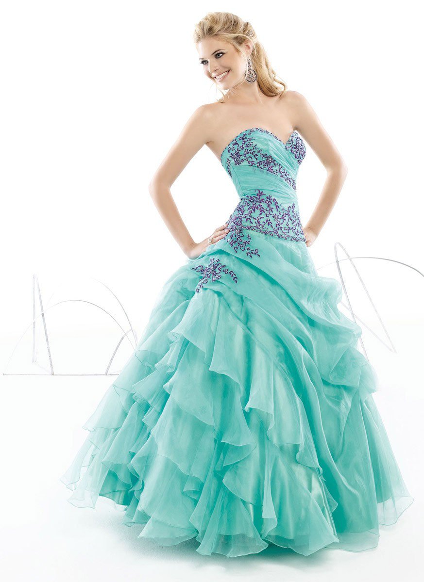 Absorbing Sweetheart Neckline Applique Ruffle Tiered Blue Organza Floor Length Prom Dress