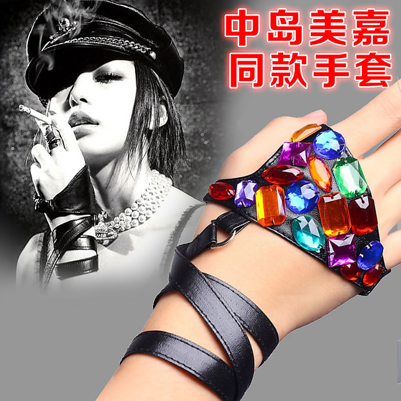 Accessories fashion handmade sewing all-match acrylic diamond strap type genuine leather gloves 8015