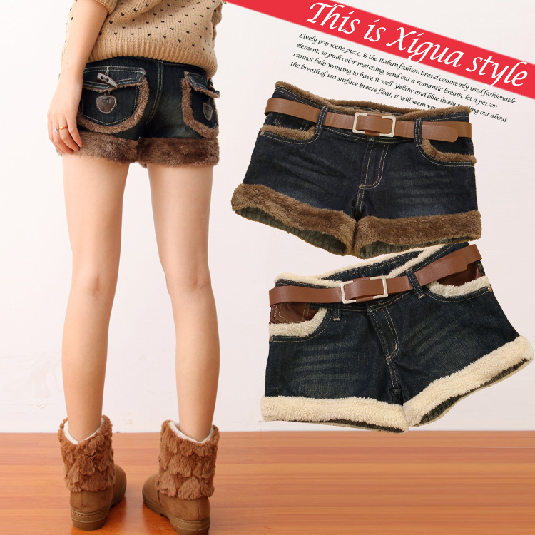 Acl-u610 2012 autumn women's plush patchwork straight denim shorts i-27
