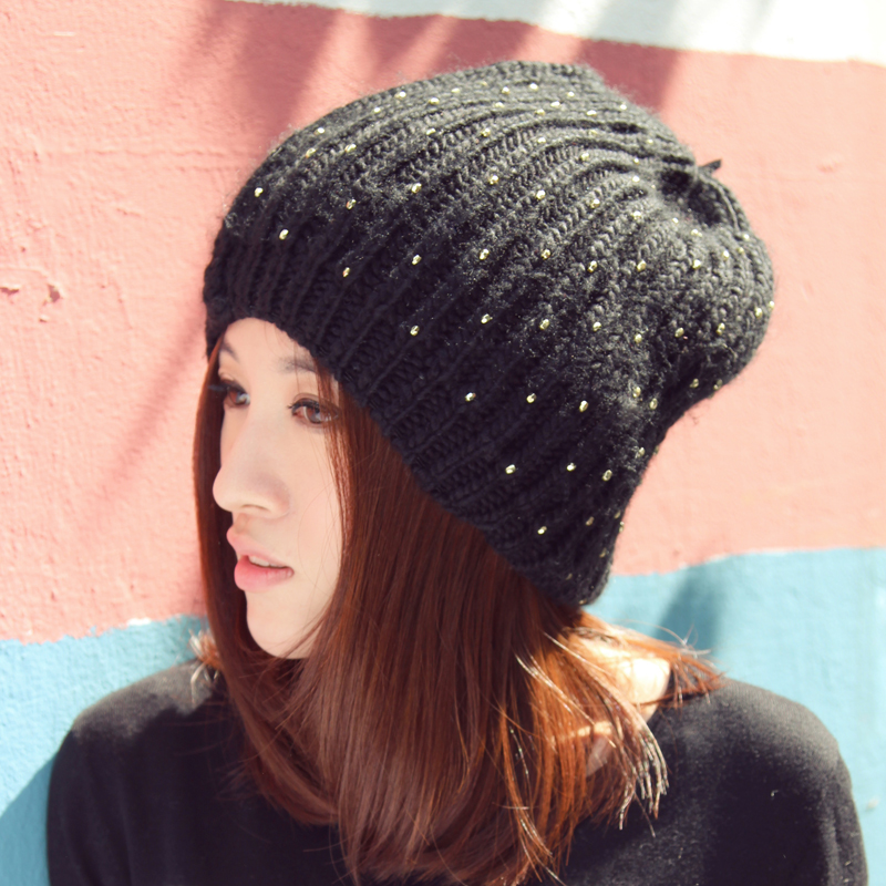 Acrylic knitted hat autumn and winter knitted millinery women's handmade paillette toe cap covering cap