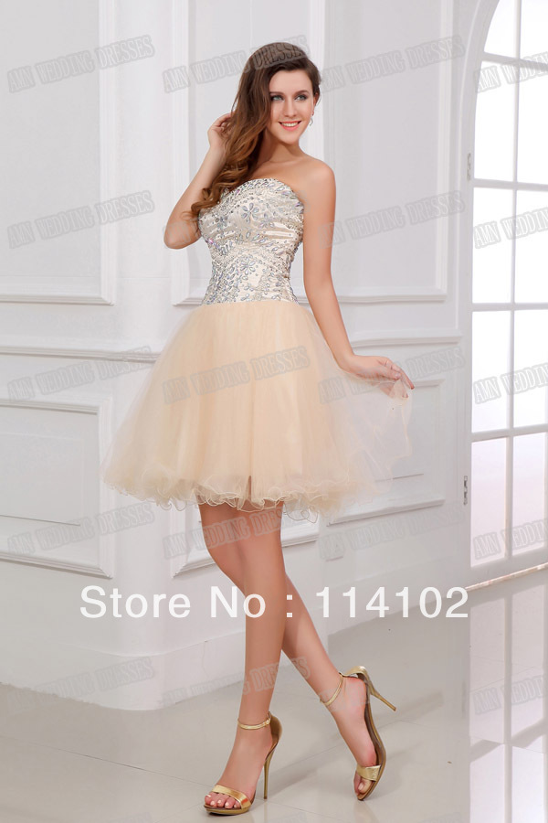 Actual Image Sexy Champagne A-line Short Graduation Dress Sweetheart Beads Sleeves Mini Homecoming Gowns C10284
