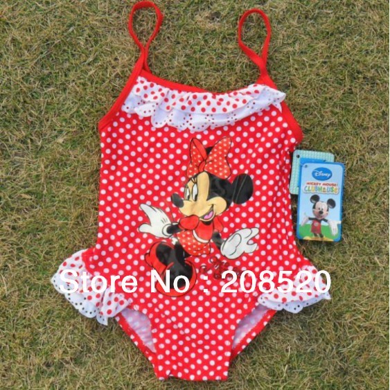 AD038 wholesale free shipping (4pcs/lot) one piece girl cartoon minnie swimsuit lace/red/black