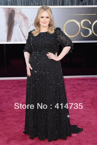 Adele 85th Annual Academy Awards Red Carpet Pageant Dress Black Plus Size 1/2 Sleeve Beading Fabric