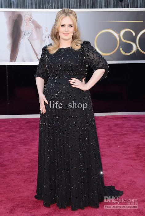 Adele 85th Annual Academy Awards Red Carpet Pageant Dress Black Plus Size 1/2 Sleeve Beading Fabric