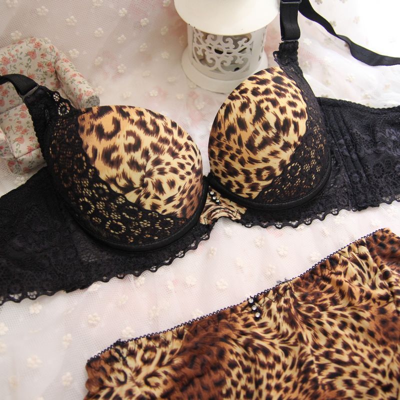 Adjustable side gathering bra push up sexy leopard print bra set underwear thick small