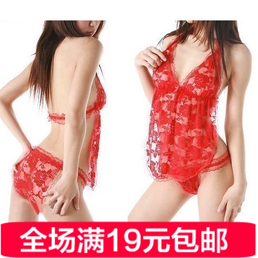 Adult apron women's sexy transparent lace temptation thong twinset plus size halter-neck underwear sleepwear, free shipping