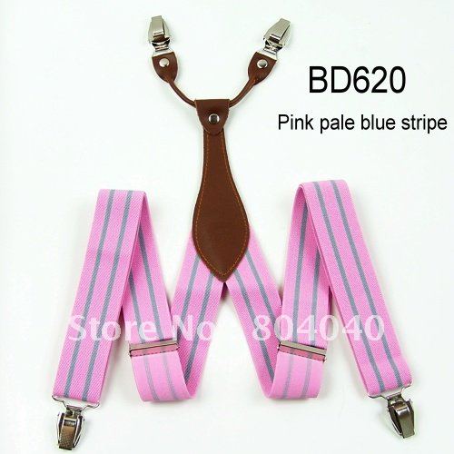 Adult Braces Unisex Suspender Adjustable Leather Fitting Four Metal Clip-On Pink Pale Blue Striped 41"*1.3"(105cm*3.5cm) BD620