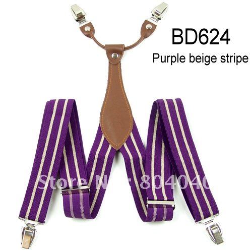 Adult Braces Unisex Suspender Adjustable Leather Fitting Four Metal Clip-On Purple Beige Striped 41"*1.3"(105cm*3.5cm) BD624