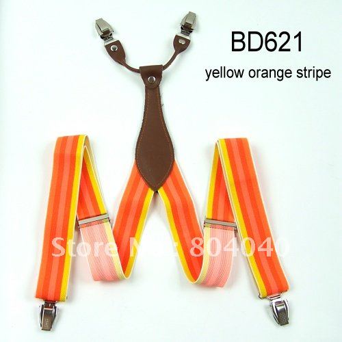 Adult Braces Unisex Suspender Adjustable Leather Fitting Four Metal Clip-On Yellow Orange Striped 41"*1.3"(105cm*3.5cm) BD621