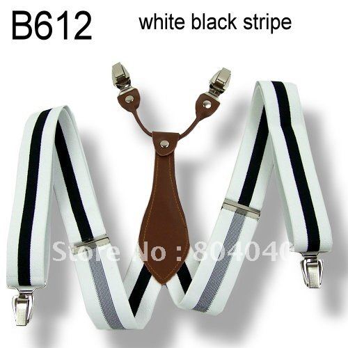 Adult Braces Unisex Suspenders Adjustable Leather Fitting Four Metal Clip-On White Black Striped 41"*1.3"(105cm*3.5cm) BD612