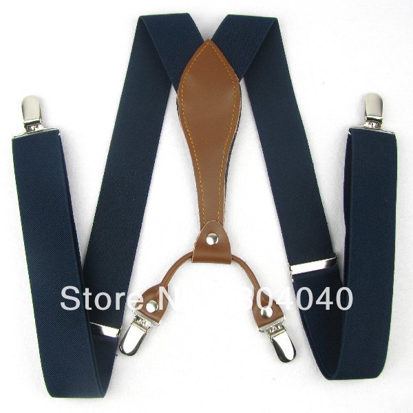 Adult Men Braces Women Unisex Suspenders Adjustable Leather Fitting Four Metal Clip-On Navy Blue 41"*1.3"(105cm*3.5cm) BD607
