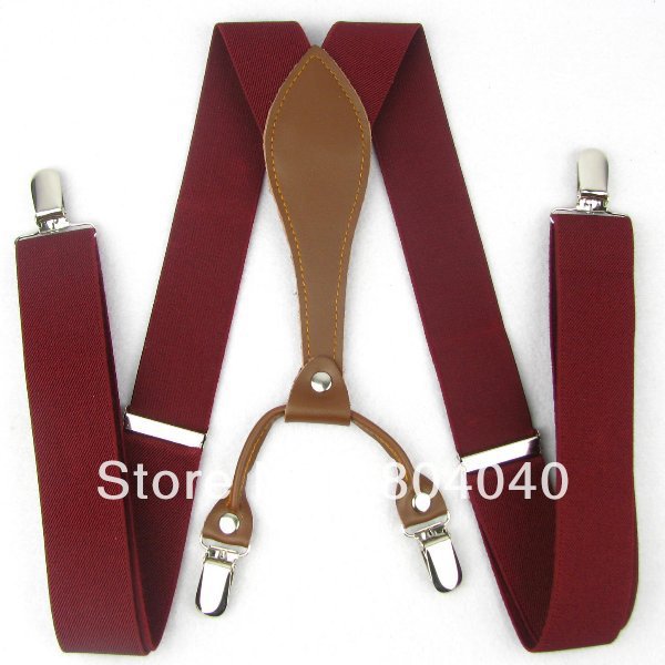 Adult Men Suspender Women Braces Unisex Adjustable Leather Fitting Four Metal Clip-On Solid Dark Red 41"*1.3"(105cm*3.5cm) BD604