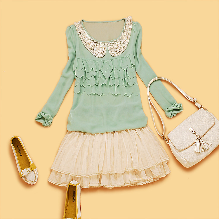 Ae4-3 spring 2013 women's peter pan collar cake scalloped long-sleeve basic puff sleeve chiffon shirt