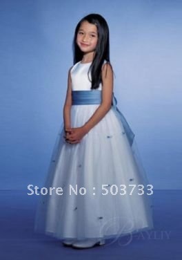 Affordable Flower Girl Dress  Round Neck Blue Sash Tea-length Skirt Sleeveless Organza