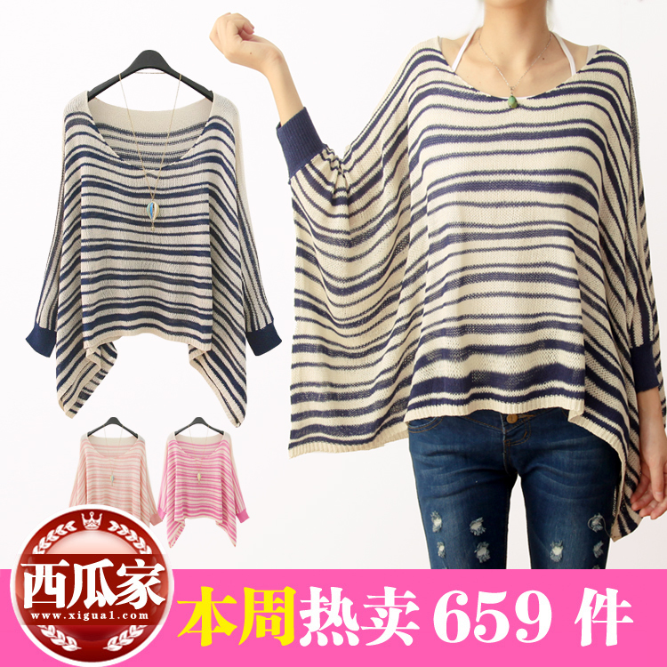 Aft-t201 female autumn color block decoration stripe loose trend sweater shirt h-06