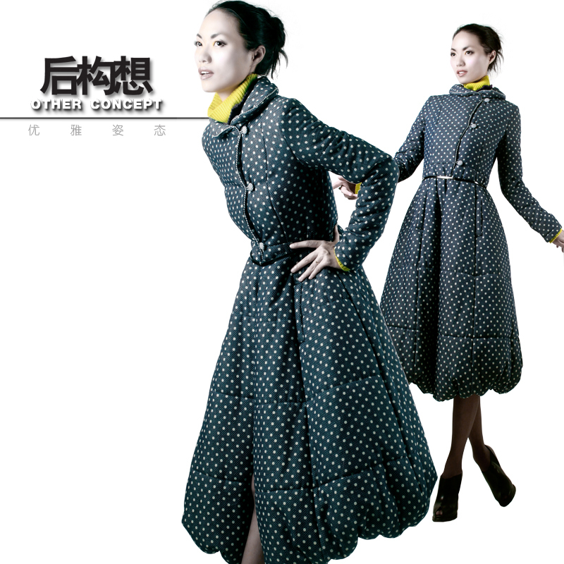After the idea of original design polka dot faux denim ultra long expansion bottom princess wind wadded jacket cotton-padded