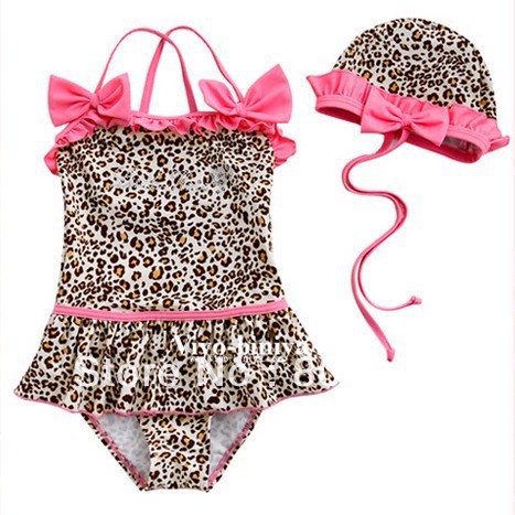 age 2T-6T girls leopard printing swimwear/ Bikini two pieces swimsuit swimwear swimhats