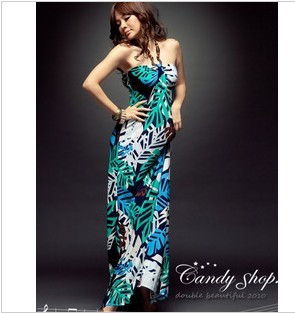 Ah10546 tropical cup wood bead banana leaf long dress